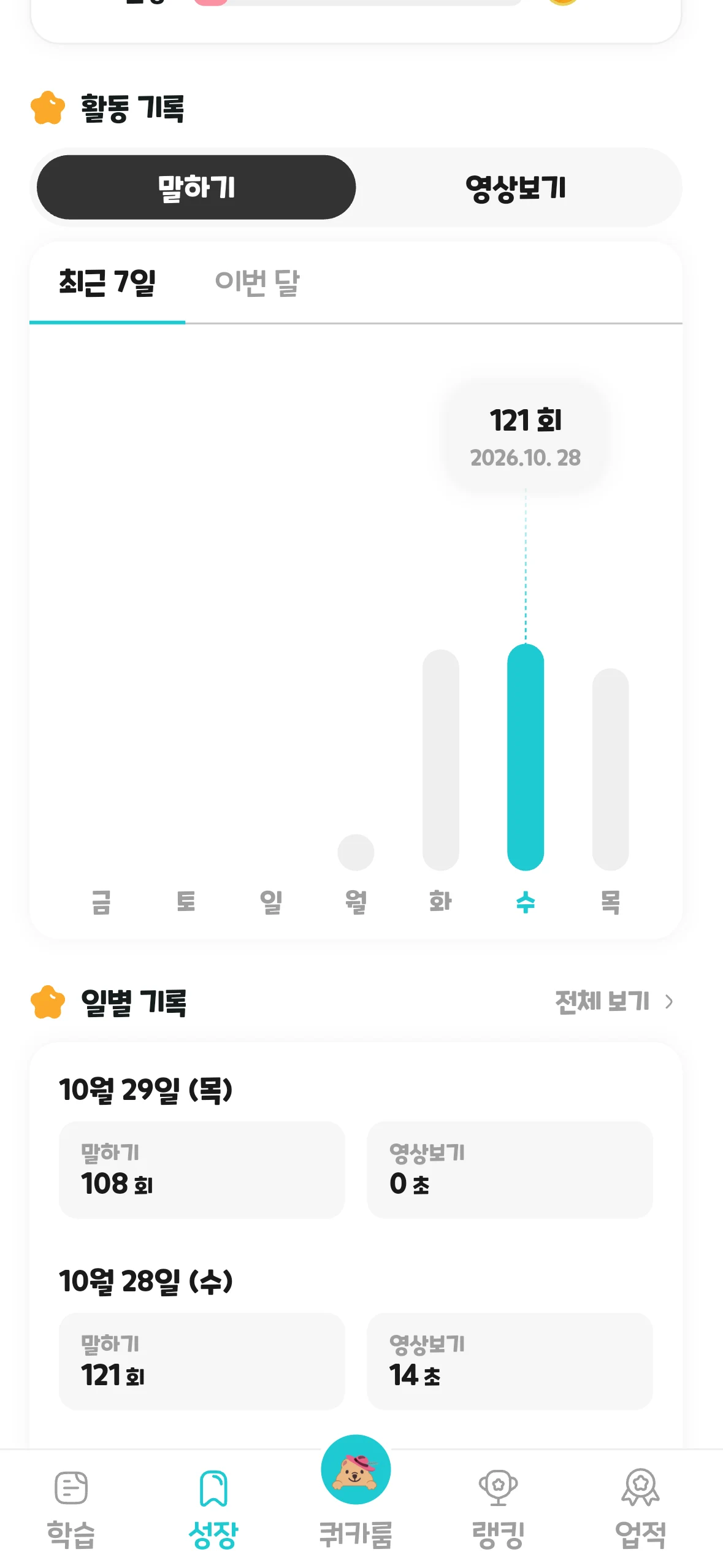 링키고 성장 — 말하기 활동 기록과 그래프