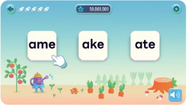 1단계 알파벳 소리인지 — ame, ake, ate 단어 카드를 고르는 게임 화면