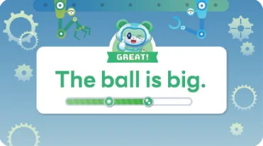 3단계 장모음 조합 — 'The ball is big.' 문장 읽기 성공 화면