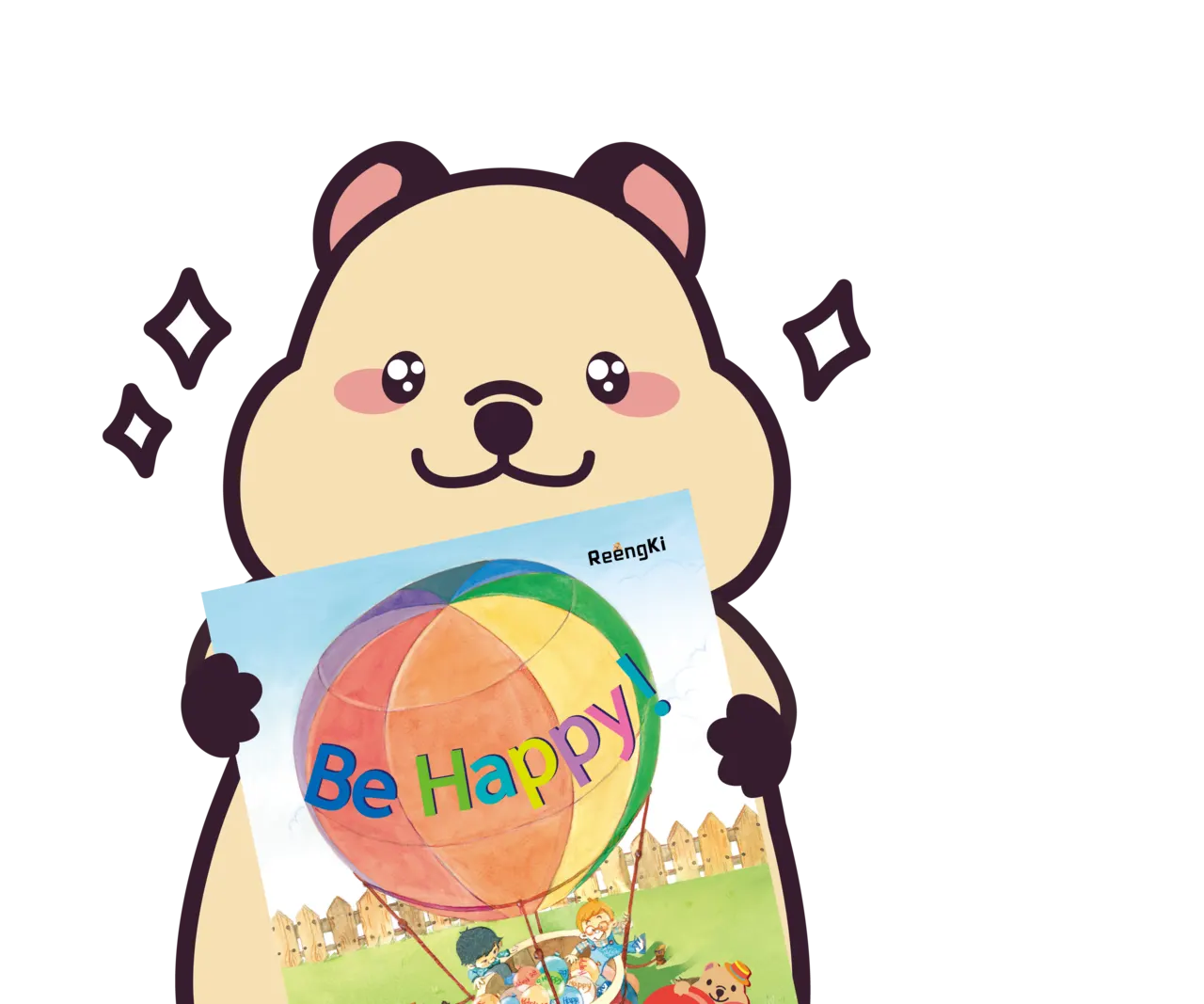 'Be Happy!' 교재를 들고 있는 링키 쿼카 캐릭터
