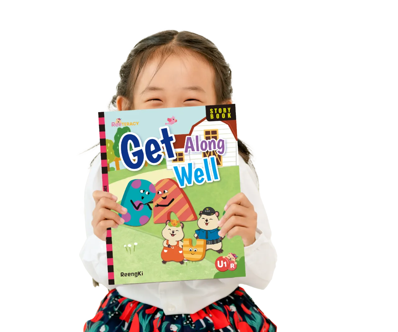 'Get Along Well' 교재를 들고 웃는 아이
