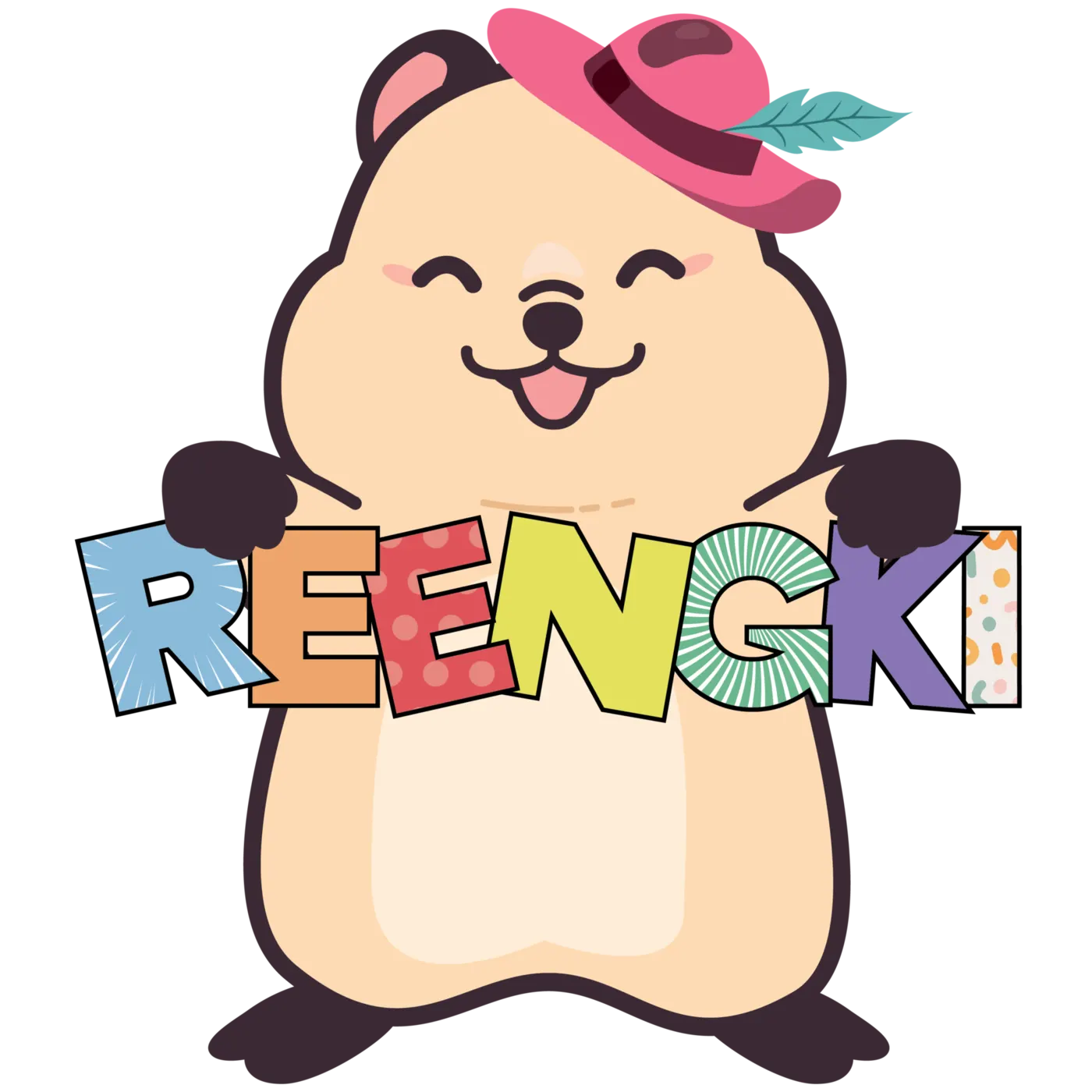 모자를 쓰고 REENGKI 글자를 든 링키 쿼카 캐릭터