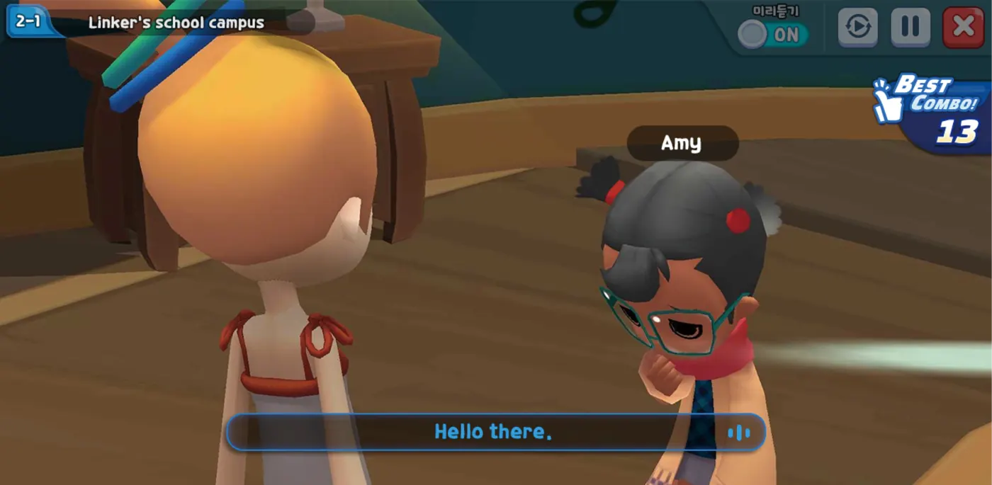 Linker's school campus 3D 가상 어학연수 장면, 캐릭터 Amy가 'Hello there.'라고 말하는 화면