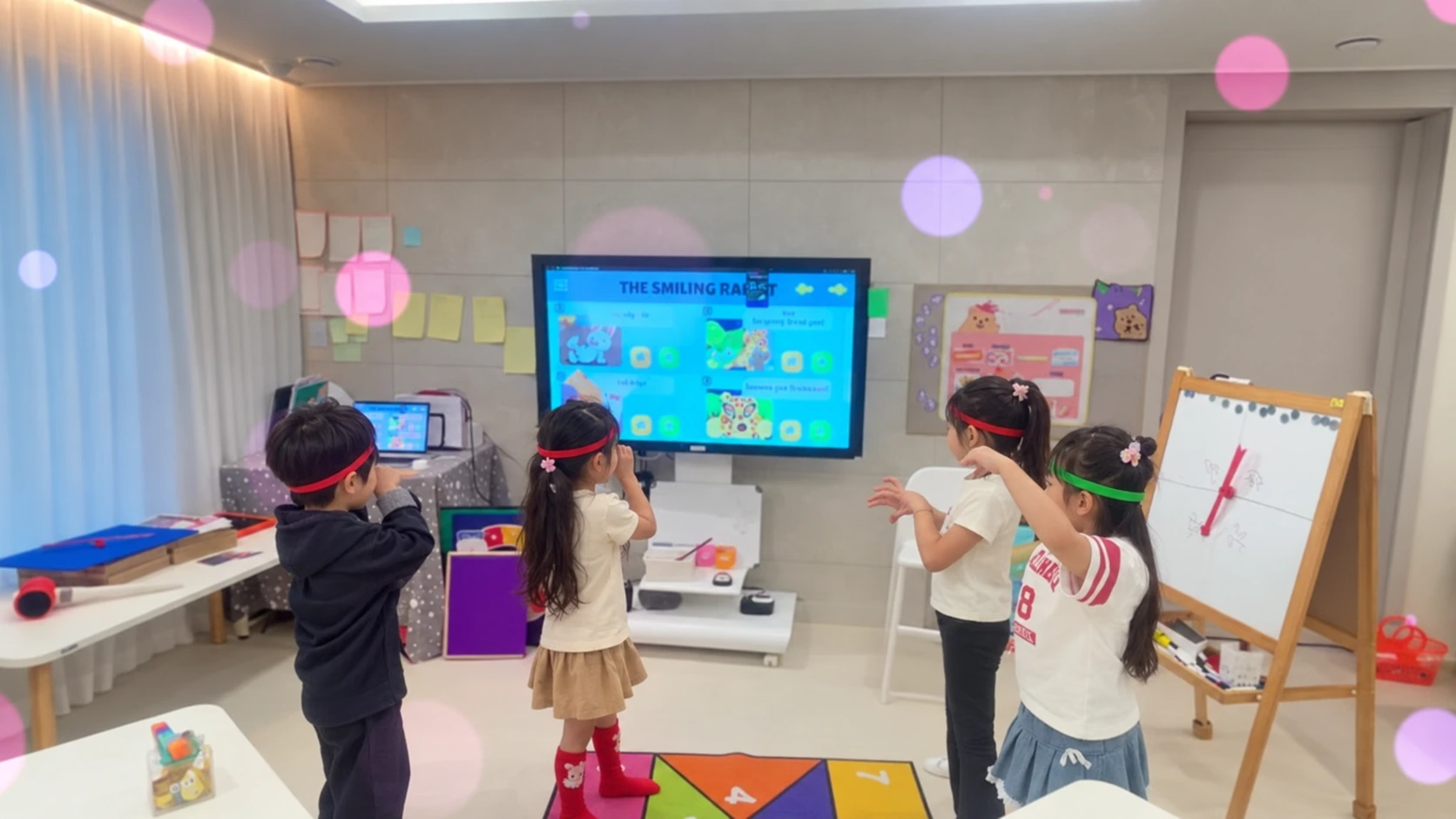 링키영어 교실에서 네 아이가 화면을 보며 함께 영어 활동에 참여하는 모습