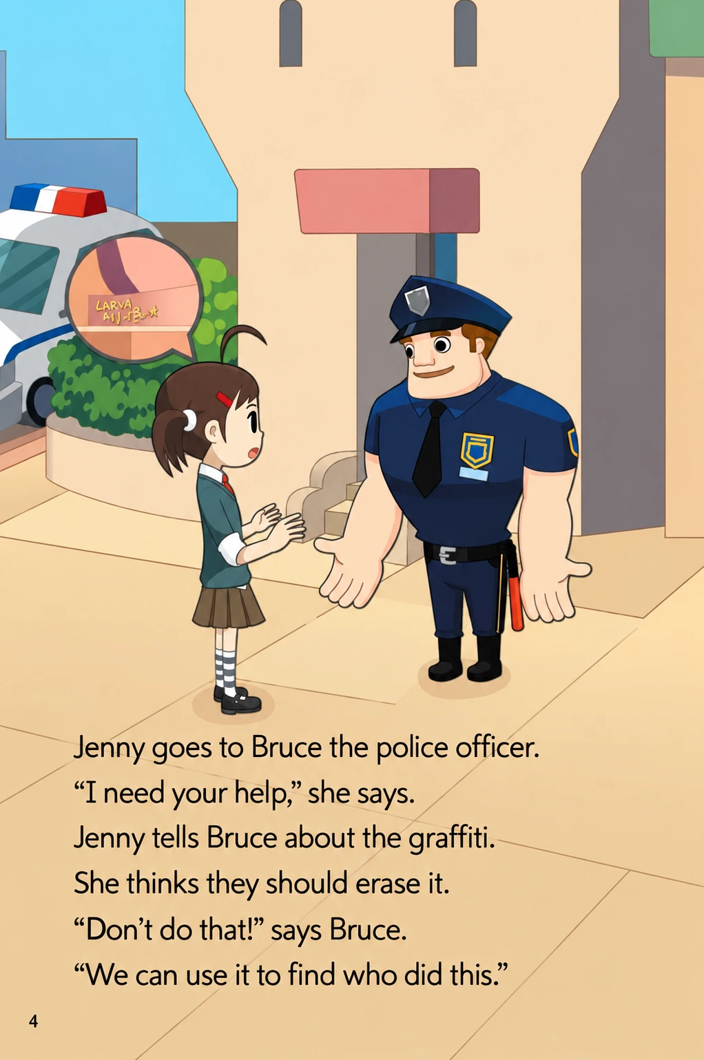 TEENZ Readers에서 Jenny가 경찰관 Bruce에게 도움을 요청하는 본문 예시