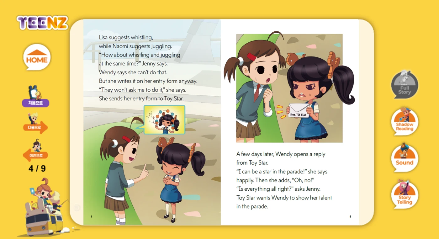 TEENZ Teaching System 원본 도표 — Storytelling, Shadow Reading, Direction, E. Teacher, Answer